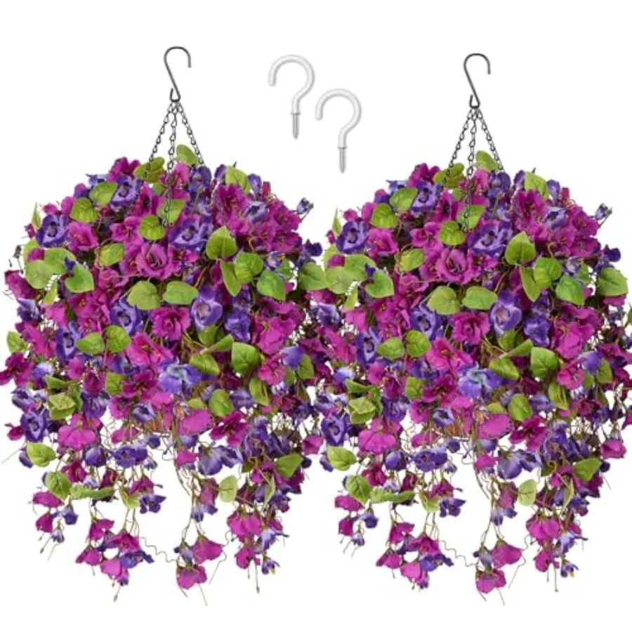 

2 Set Artificial Hanging Baskets for Outdoors Faux Hibiscus Flowers Spring Fake Hanging Baskets with Petunias Flowers UV Resist