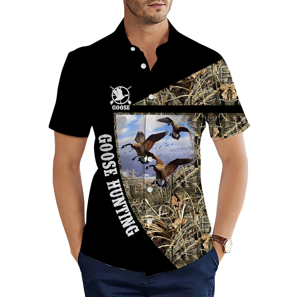 HXFashion Men's Shirts Goose Hunting 3D Printed Casual Shirt Summer Short Sleeve Beach Shirts for Men Clothing Camisas