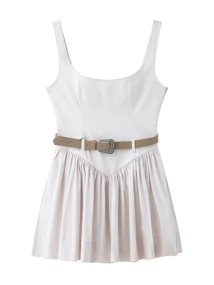 

OUROPEAN ZTATION 2025 Summer New Woman Streetwear Mini Skirt Slip dress Trendy Female Sleeveless Square Collar Top belt Dresses