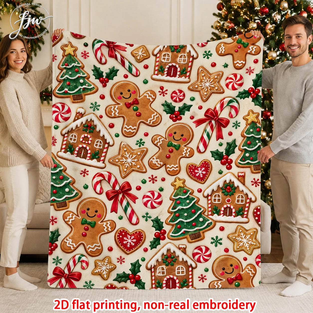 Gingerbread Christmas Flannel Blanket Gingerbread Man House Candy Cane Cookie Tree Holly Holiday Throw Blanket for Sofa Bed Couch Bedroom Living Room Winter Home Decor Seasonal Decoration Gift Cozy Nap Blanket Office Travel Festive Bedding Room Accent