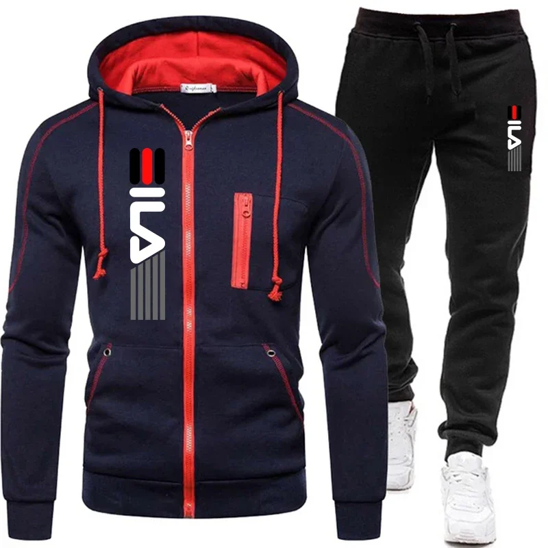 Men\'s casual suit, new fall/winter hooded zipper jacket, sportswear suit, outdoor fashion jogging jacket + trousers 2-piece set