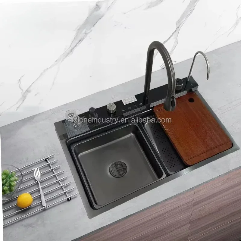 

Complete Whole Set Waterfall Kitchen Sink Stainless Steel Sinks Big Single Bowl with Dish Rack Under Mount Sinks