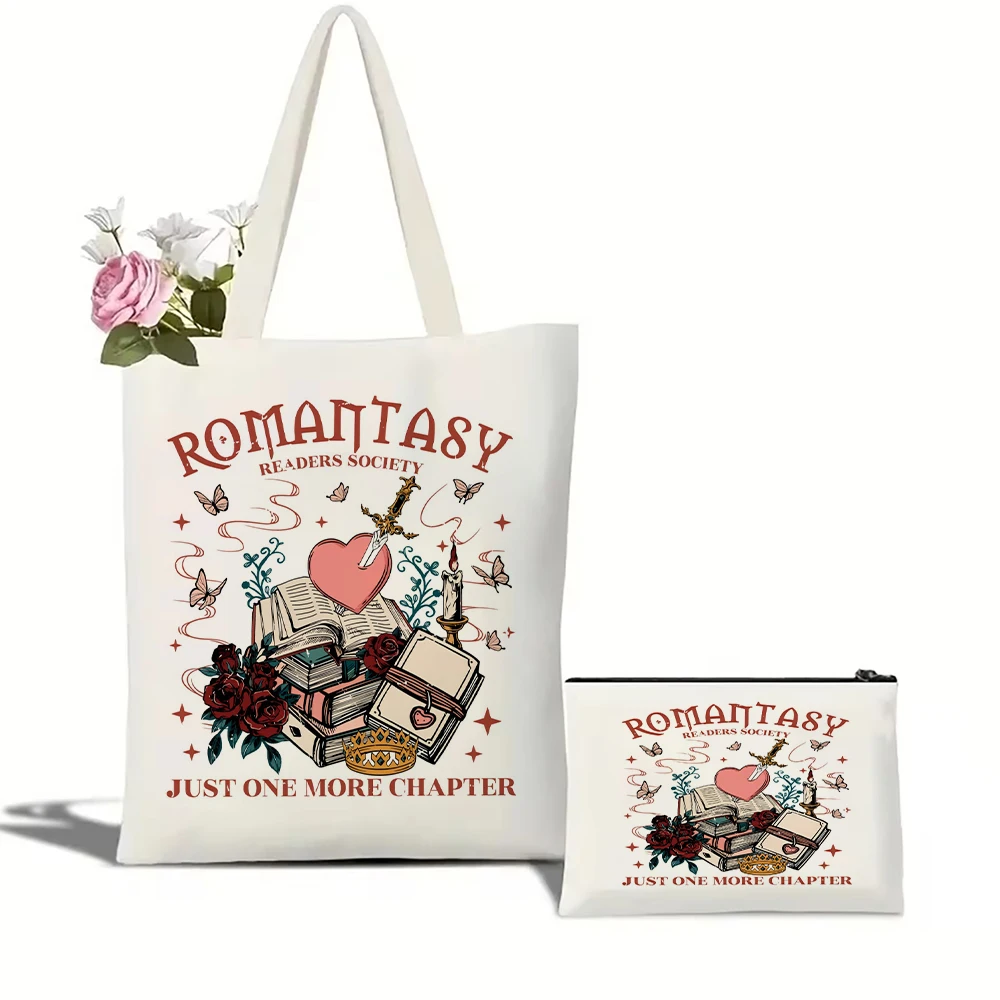 Romantasy Book Tote Bag Canvas Tote Bag  Shoulder Bag with Makeup Bag Literary School Handbag Casual