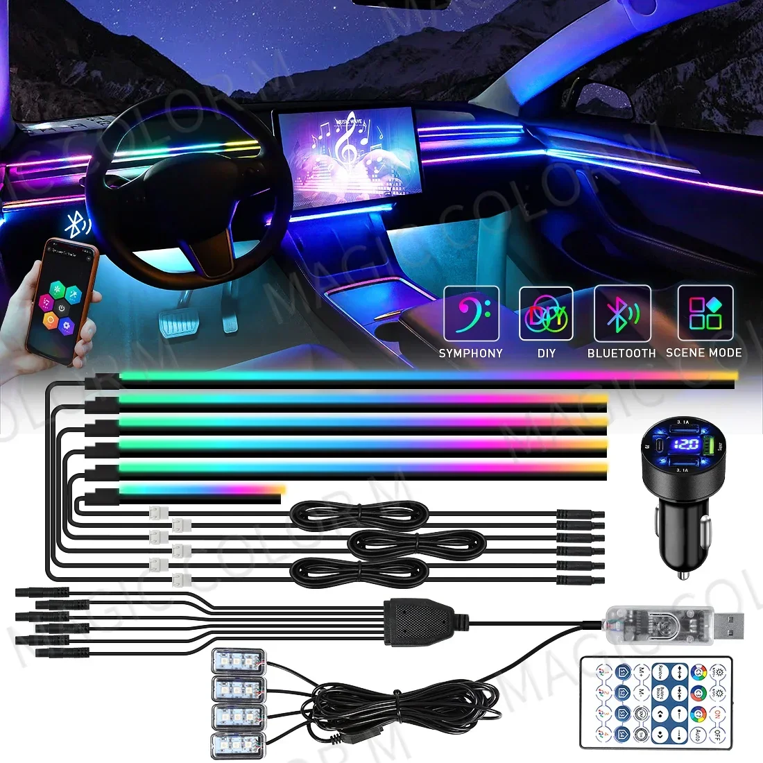 

10 in 1 Atmosphere lamp For Tesla Model 3 Y S X Ambient Lights Strips Footwell RGB Atmosphere Light USB APP Remote Cigar Lighter