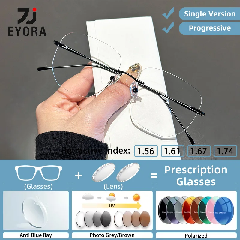 

EYORA Pure Titanium Rimless Women Reading Glasses Myopia Eyewear Hyperopia Anti Blue Light Progressive Photochromic Eyeglasses