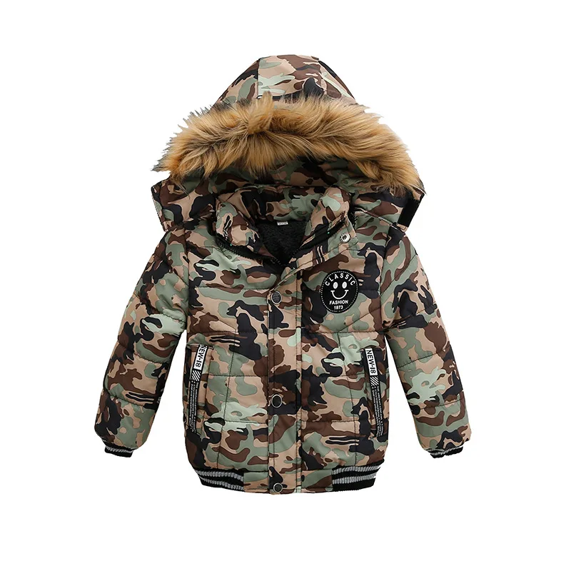 Autumn Winter New Boys Jacket Solid Color Thicken Hooded Zipper Fashion Fur Collar Kids Keep Warm Outerwear For 2 3 4 5 6 Years