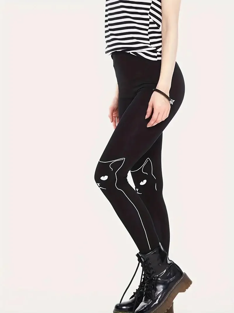 Kitten print casual stretch elastic waist slim-fit leggings for women are worn daily