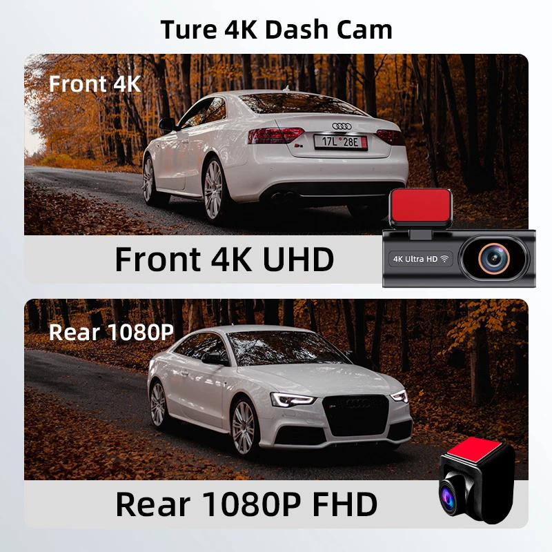 E-ACE DVR Mobil WIFI GPS Mendukung Depan 4K Opsional Belakang 1080P Lensa Ganda Kotak Hitam Kamera Spion WDR Penglihatan Malam G-sensor