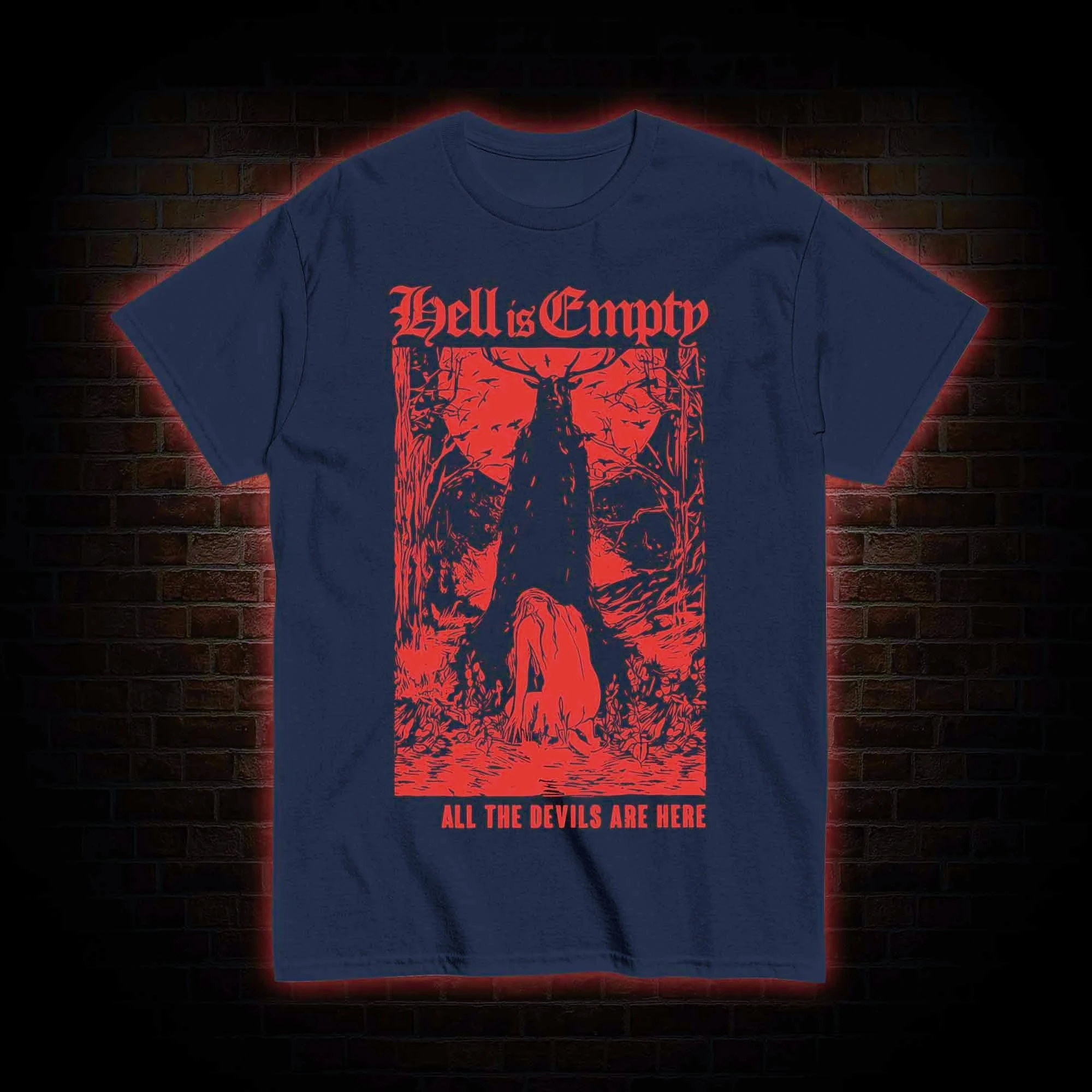 Hell Is Empty T-Shirt Men's Vintage Gothic Horror Print Classic Occult Forest Graphic Short Sleeve Casual Summer Streetwear Top