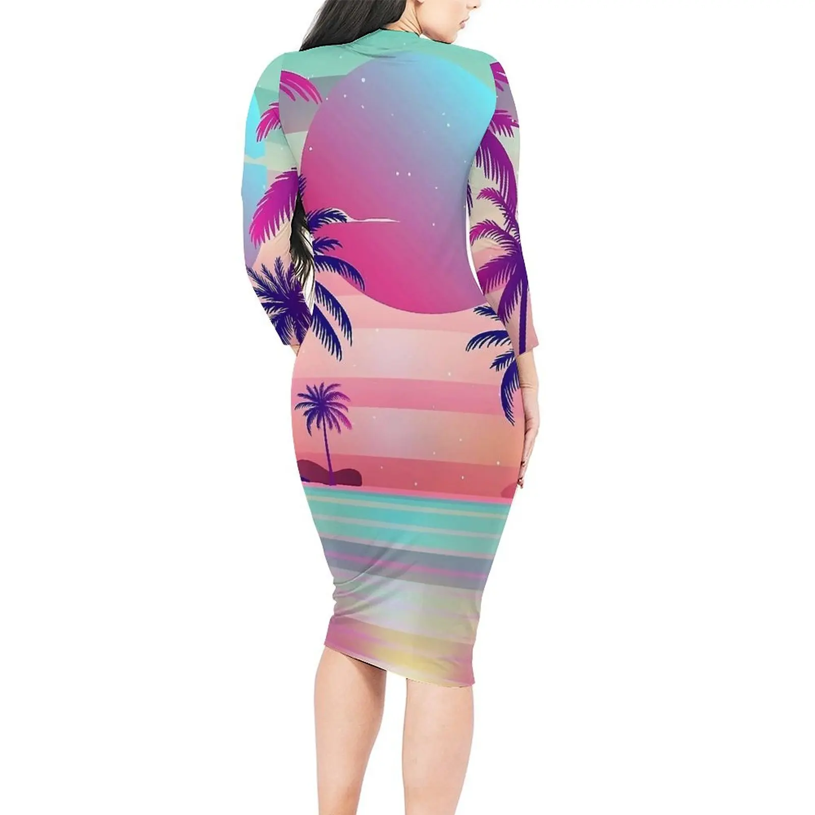 Purple Sunset Palm Trees Bodycon Dress Spring  Kawaii Dresses Female Long Sleeve Custom Street Wear Dress Big Size 4XL 5XL