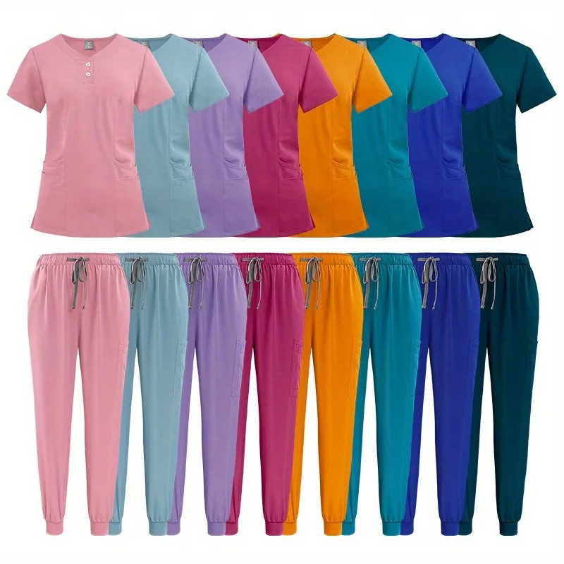 

Summer Elastic Button Large Size Casual Doctor Nurse Hospital Overalls Hand Washing Workwear Uniform Set