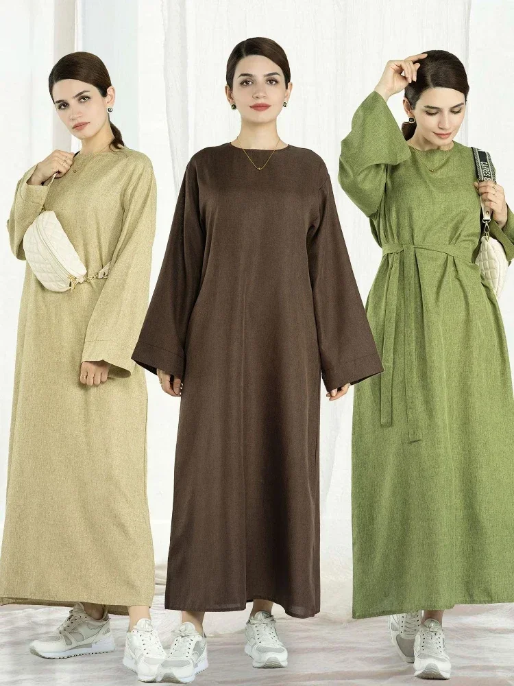 Eid linho muçulmano abaya vestido dubai turquia solto simples abayas africano vestidos longos para mulheres árabe kaftan robe islam roupas