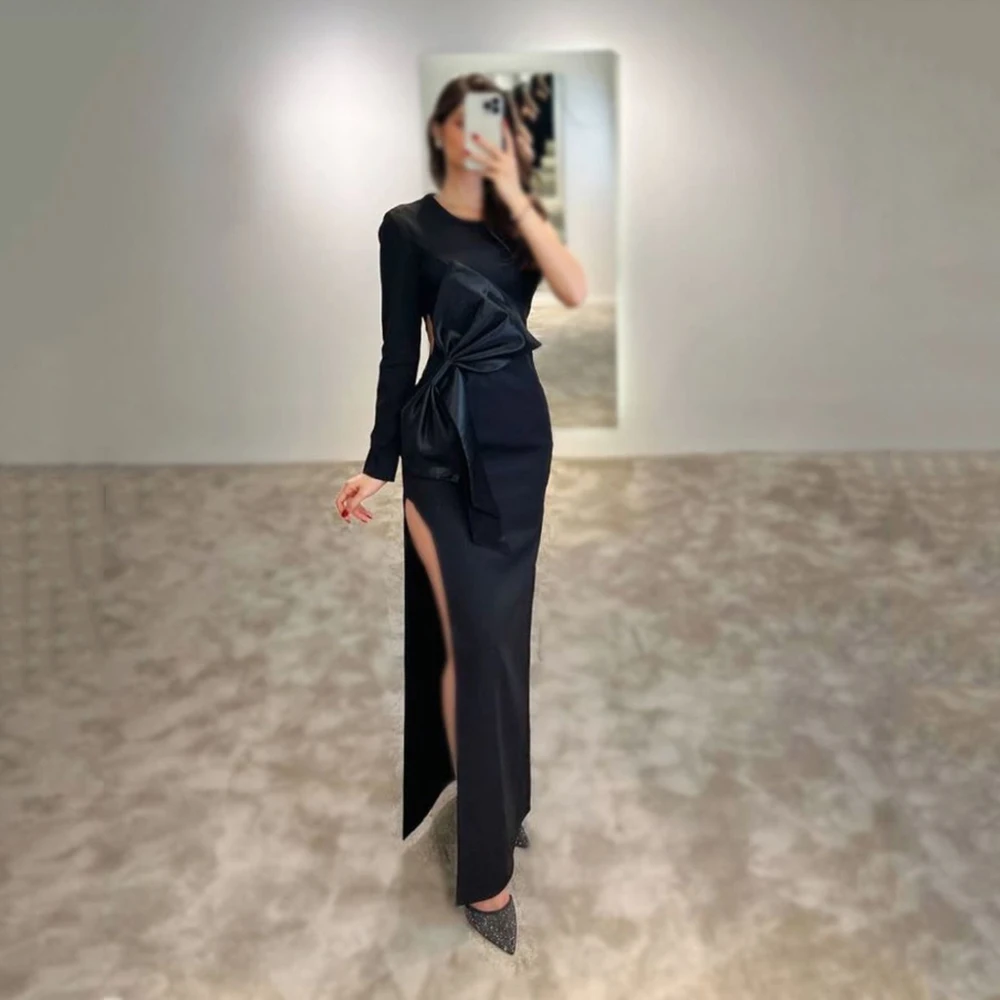 

Customized Yipeisha SImple Black O-neck Jersey Evening Dresses Elegant One shoulder With Bow Sexy SIde-Split Formal Gala Pageant