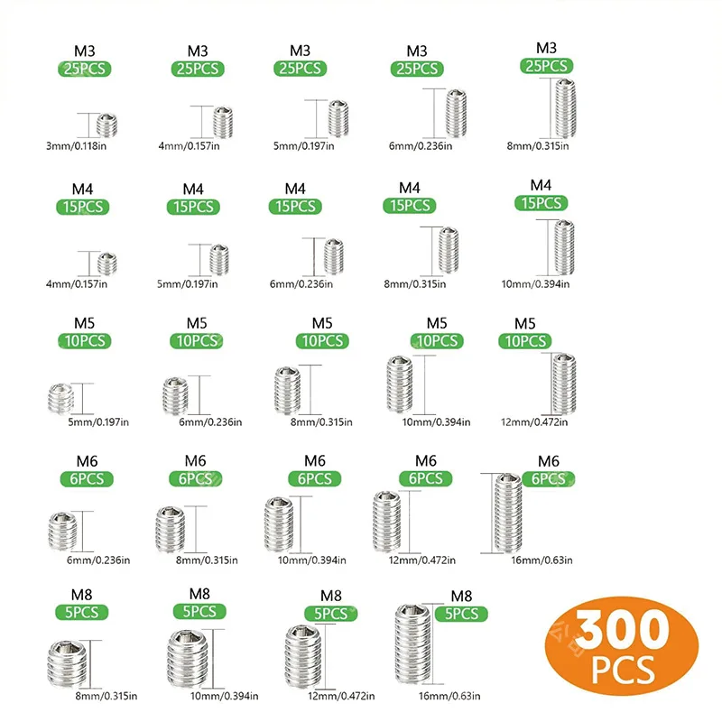 300Pcs Hex Socket Set Screws Assortment Kit with Hex Wrench, M3 M4 M5 M6 M8 Boxed Fasteners