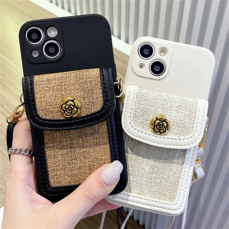 Luxe 3d Camellia Bloem Lederen Kaart Tas Crossbody Lanyard Zachte Hoes Voor Iphone 15 14 16 Pro Max 13 12 11 X Xs Xr 7 8 Cover