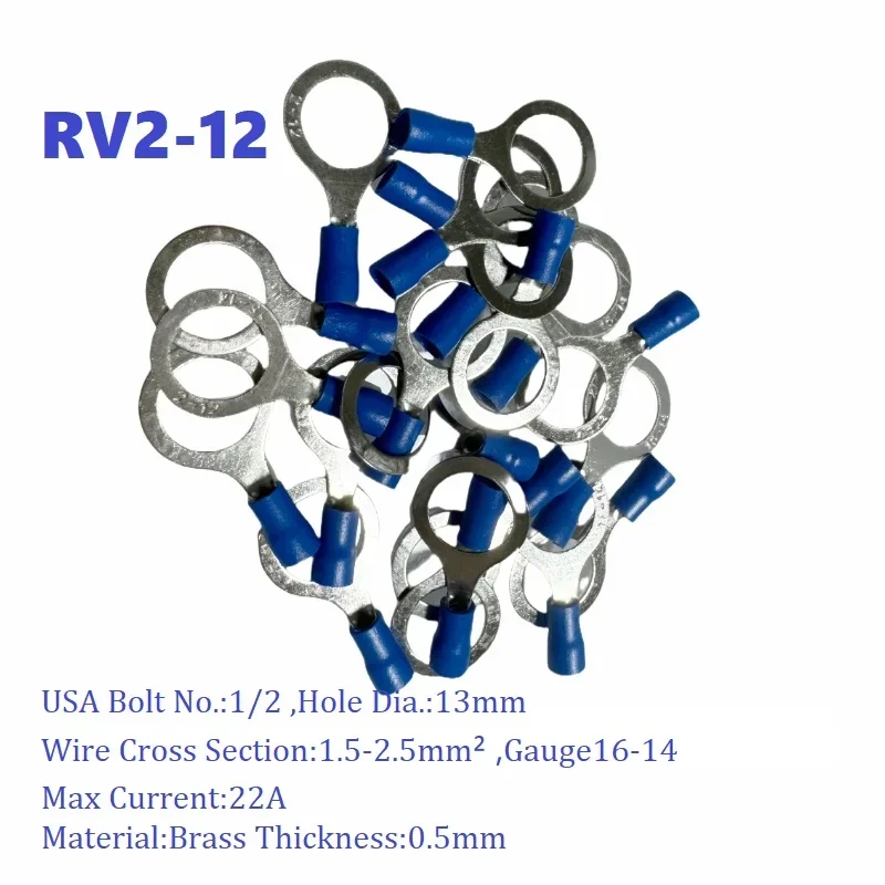 RV2-12 Per 20Pcs Wire Insert 1.5-2.5mm² Crimp Terminal  AWG16-14 Insulated Ring Terminal Tubular Cable Lug Starfix Connector