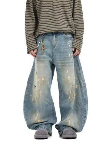 2025 사이버 Y2K streetwear 페인트 낙서 블루 헐렁한 청바지 바지 남성용 90s 빈티지 의류 악세사리 와이드 레그 데님 바지 2025 사이버 Y2K streetwear 페인트 낙서 블루 헐렁한 청바지 바지 남성용 90s 빈티지 의류 악세사리 와이드 레그 데님 바지