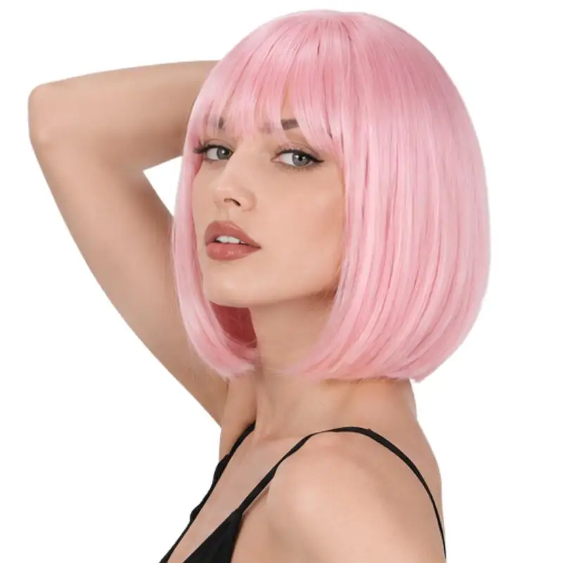 Short Bob Wig With Bangs Straight Synthetic Hair Wigs For Women Natural Look Daily Party Cosplay Heat Resistant Full 3 Color Wig image 6