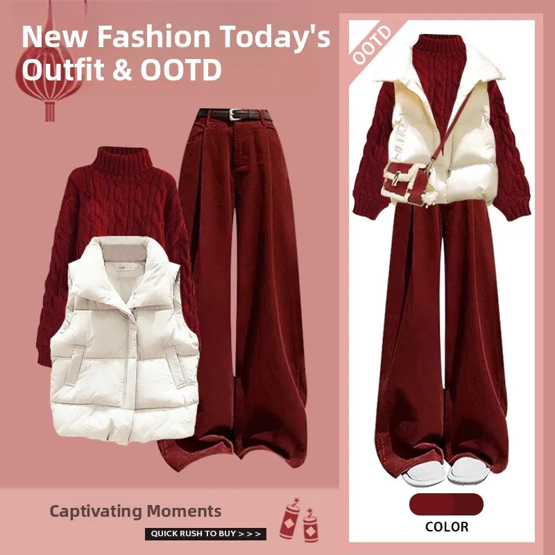 Rode trui warmte vest afslanken casual broek tee stuk set herfst winter nieuwe Sle College Faion thermische comfortabele outfit