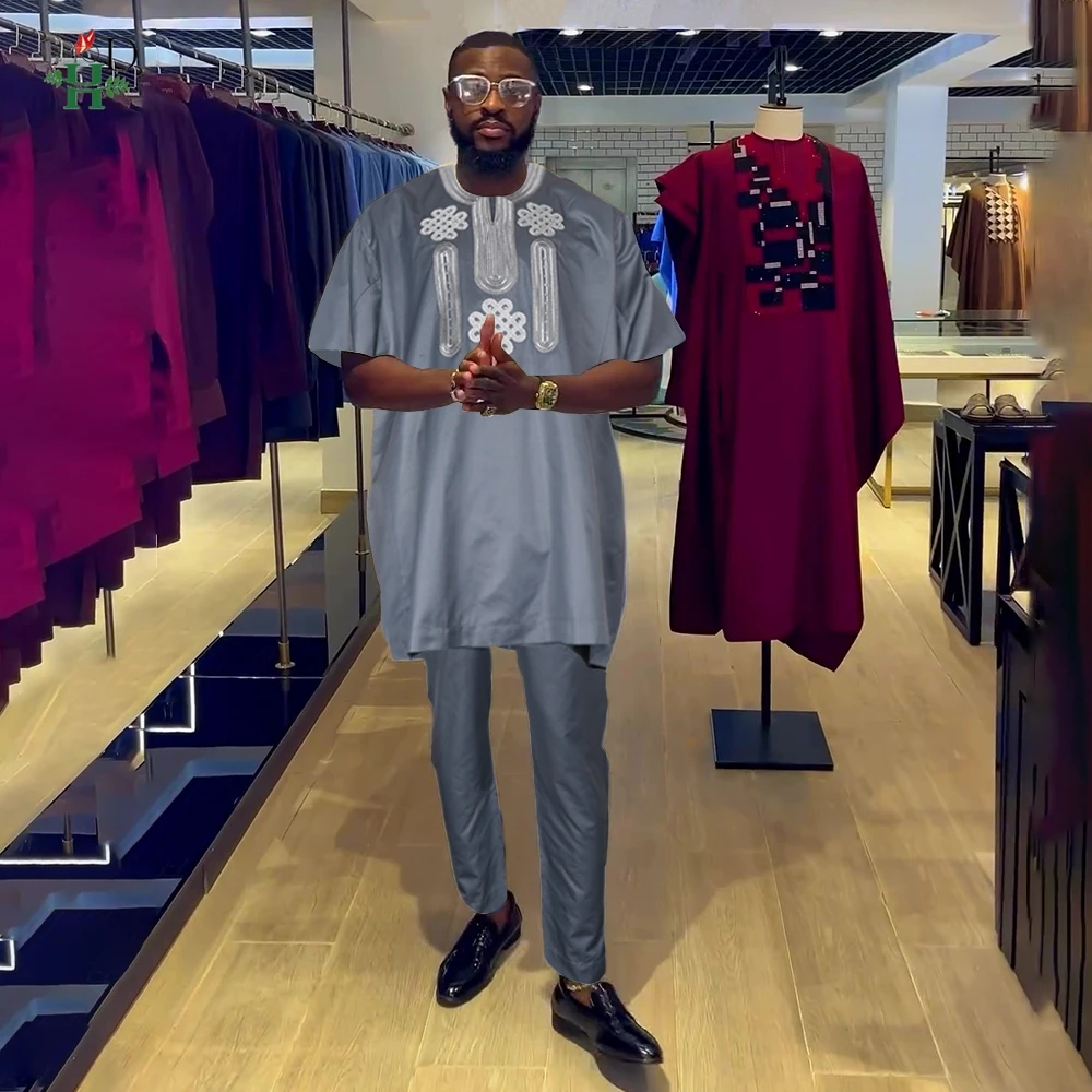 H&D African Clothes For Men Dashiki Top Pant 2 Pieces Outfit Set Riche Grey Embroidery Shirt Trouser Rich Bazin Original Muslim