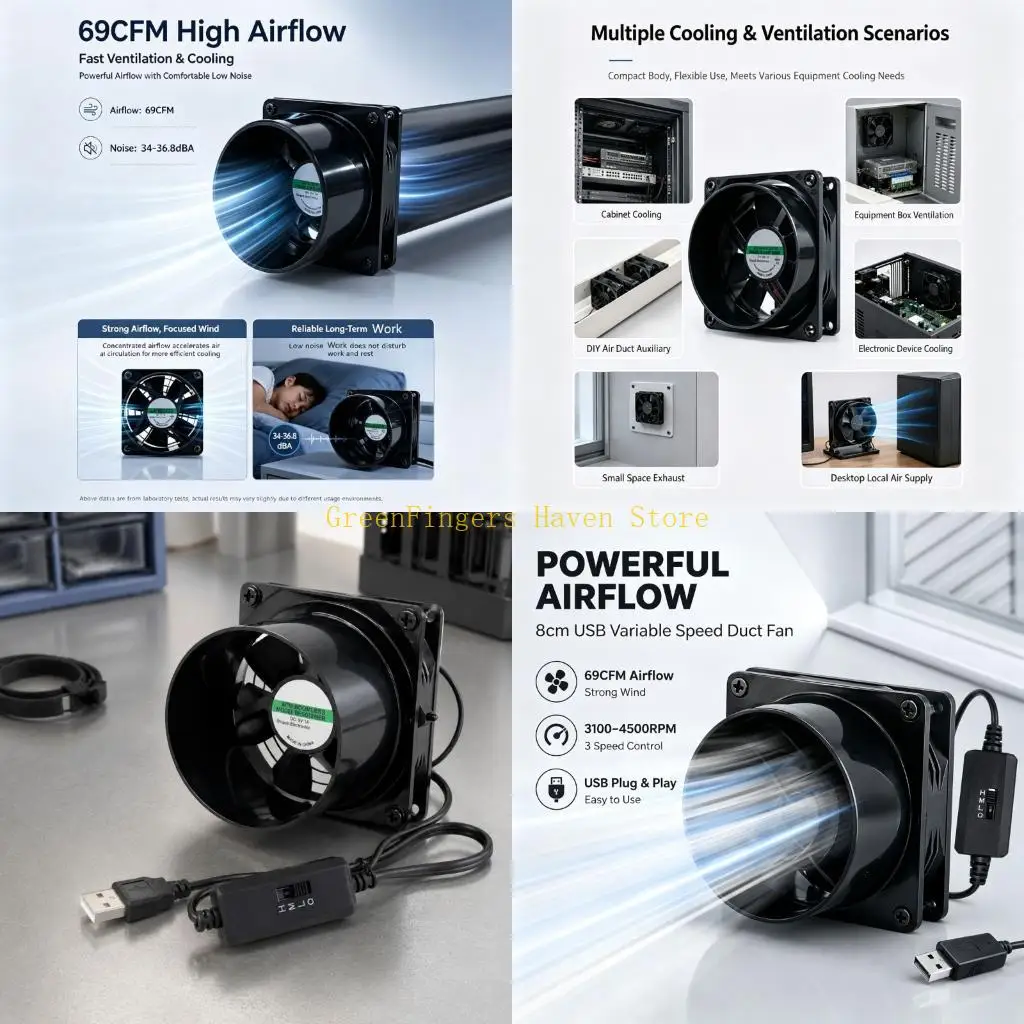 F68D USB Duct Fan with 3 Speed Selector, 5V Exhaust Fan for Bathroom Kitchen 3D Printer Case and Small Area Air Change Support