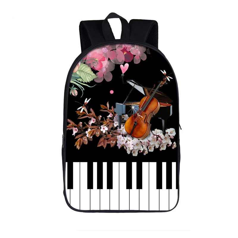 Violin Guitar Backpack Music Theme School Bags Boys Girls Floral Piano Keyboard Print Bookbag for Elementary Students, 16 Inches