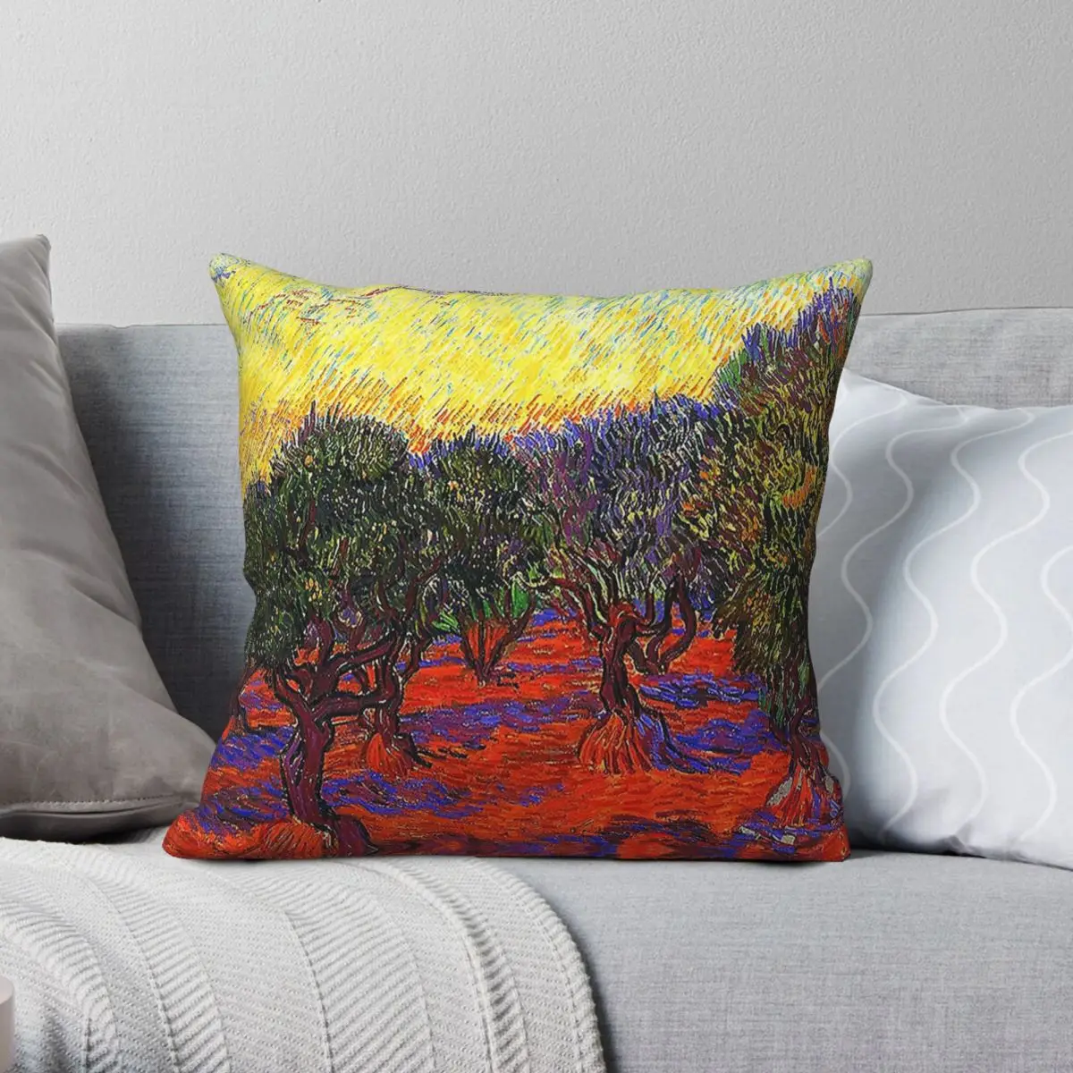 Van Gogh Olive Grove Orange Sky Square Pillowcase Polyester Linen Velvet Pattern Zip Decorative Car Cushion Cover