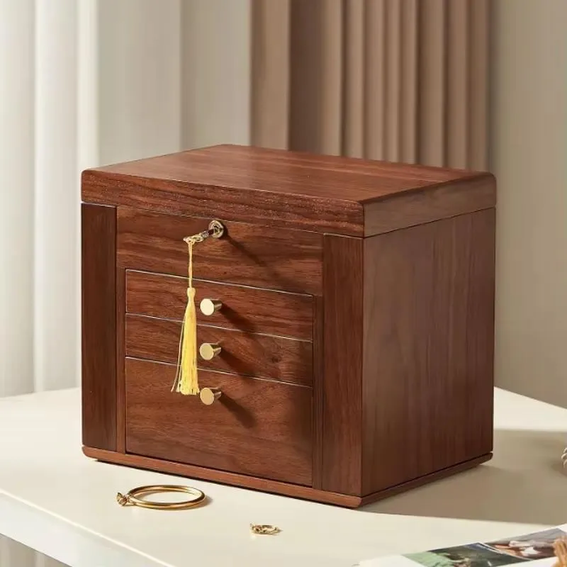 Solid Black Walnut 4 Layer Jewelry Storage Eco-friendly Wooden Case with 2 Side Doors and Wooden Craft Mirror