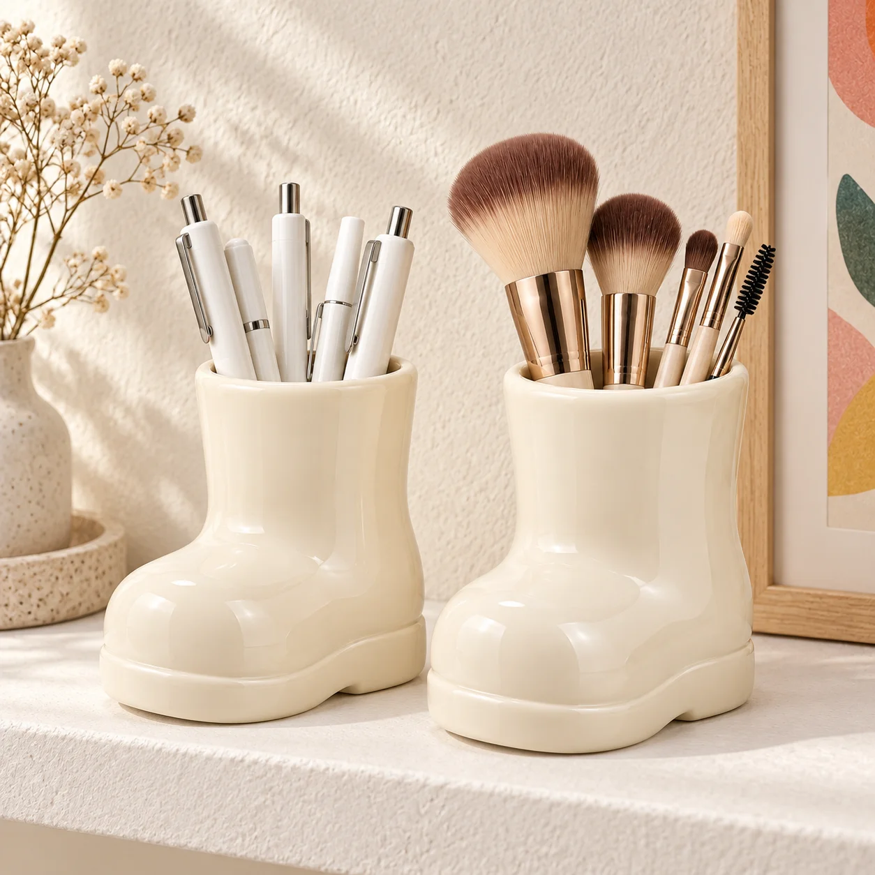 Cute Boot-Shaped Pen Holder Desktop Storage Cup, Creative Makeup Brush Organizer, Christmas Desk Decor for Dorm Students