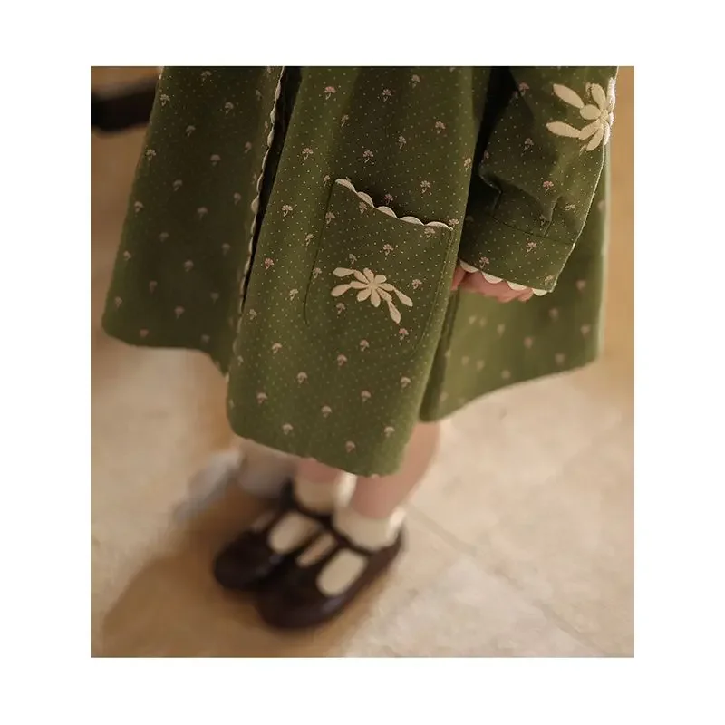 Cute Girls Dress Retro Green Embroidery 2023 Spring Autumn New Long Sleeve Princess Style Causal All-match Korean Version