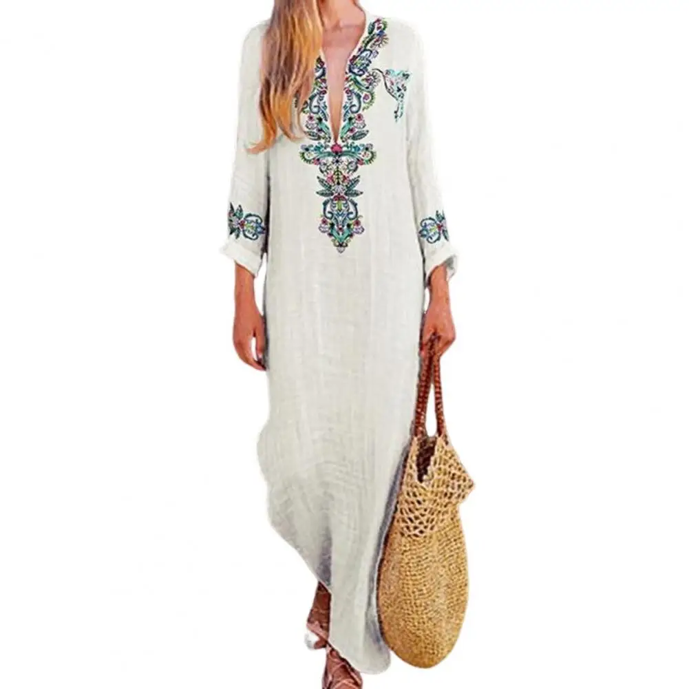 

V-neck Printed Dress Loose Fit Dress Ethnic Style Floral Print Maxi Dress with V Neck Irregular Hem for Women Beachwear