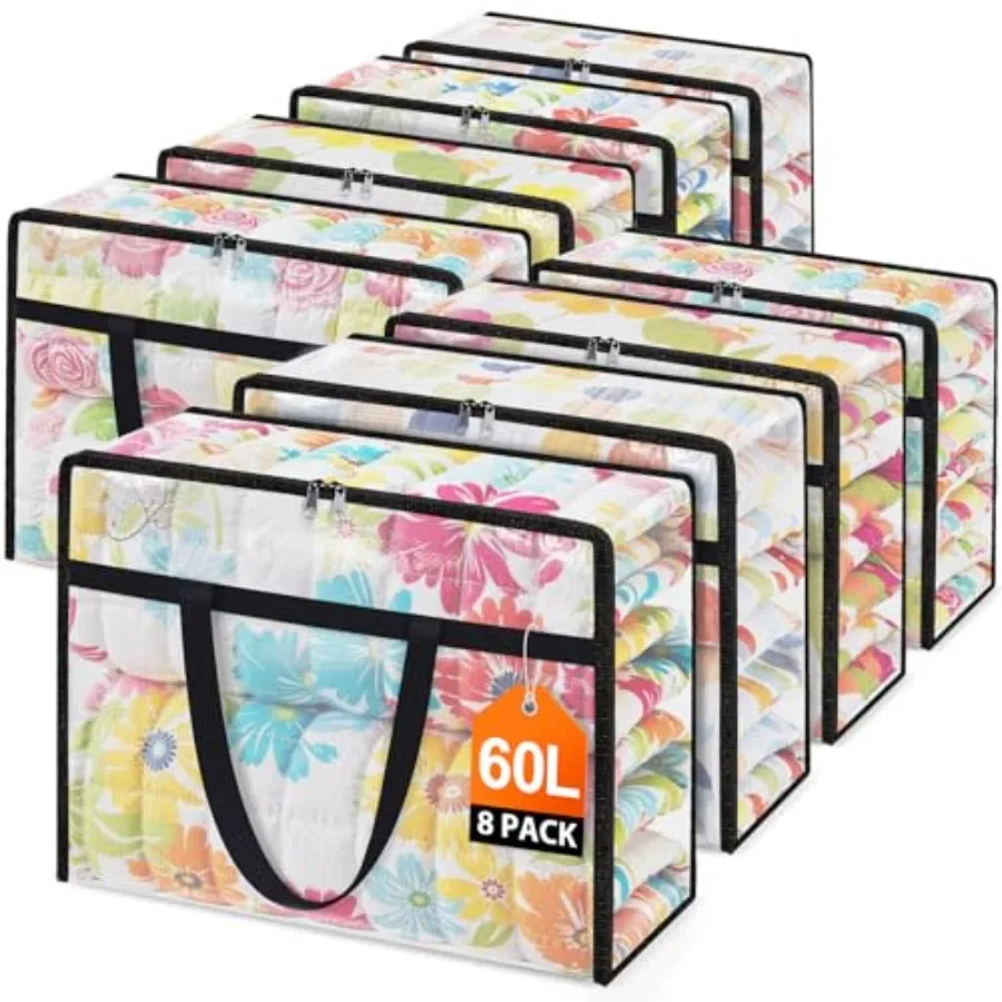Clear Under Bed Storage Containers - 8 Pack Large Capacity Clothes Storage Bags with Lid and Sturdy Handles Foldable Moving Bag