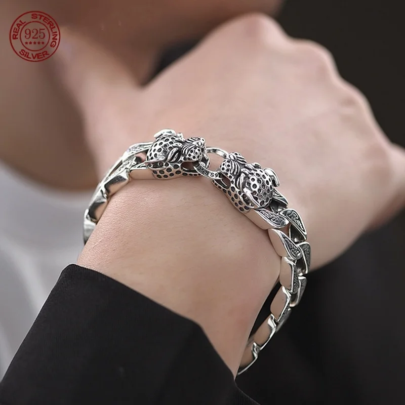 

S925 Sterling Silver Dominant Double Leopard Head Men's Bracelet Fashion Punk Trend Personalized Retro Spring Buckle Thick Chain