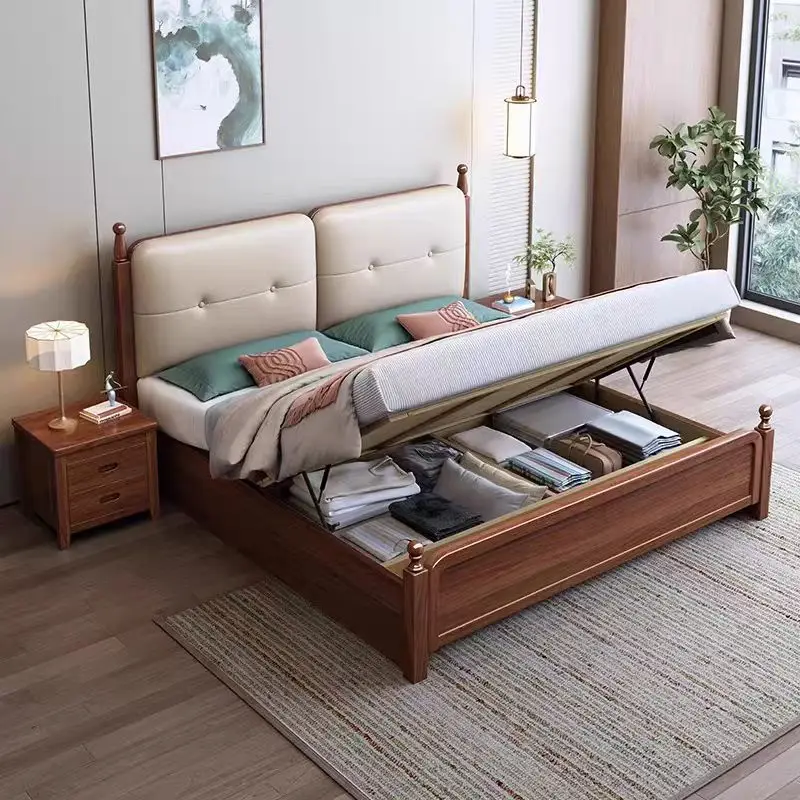 Medieval style, American solid wood bed 1.5 meters, single 1.8 meters, master bedroom double, solid wood soft bag, storage model