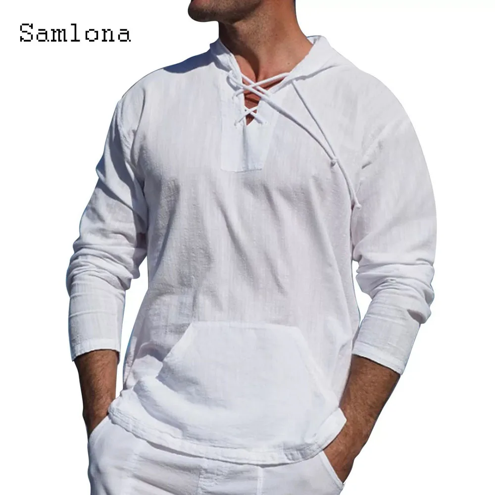 

2026 New Summer Casual Cotton Hoodies White Apricot Beach Shirt Men Long Sleeves Baggy Top Pullovers Plus Size Mens Blouses