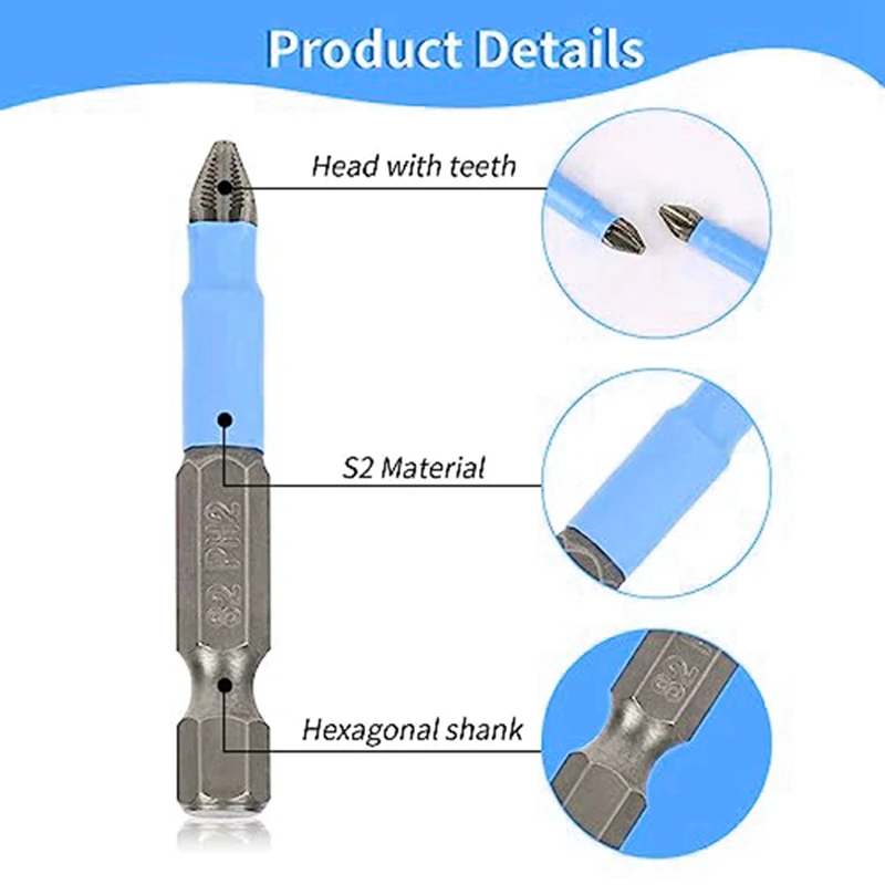 Broca de cabeza Phillips, 10 piezas, cabeza cruzada antideslizante, vástago hexagonal de 1/4 pulgadas, 2 pulgadas/50Mm