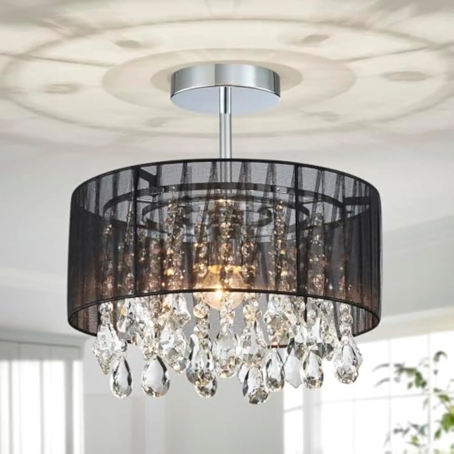 

Lighting Crystal Chandeliers, Modern Design, Ceiling Light Fixture for Living Space, D13'' X H14'', E26*1 Sockets, Black Fabri