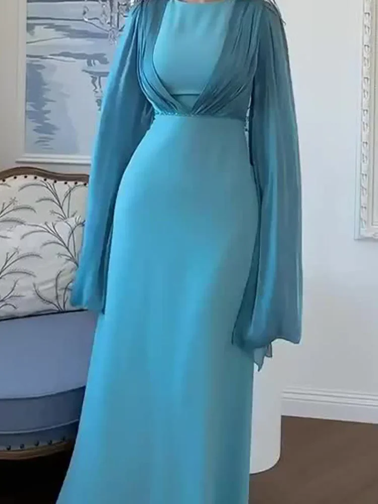 우아한 레이스업 허리 솔리드 새틴 이브닝 드레스 여성 패션 스플라이싱 드레이프 롱 드레스 캐주얼 O넥 긴팔 파티 드레스