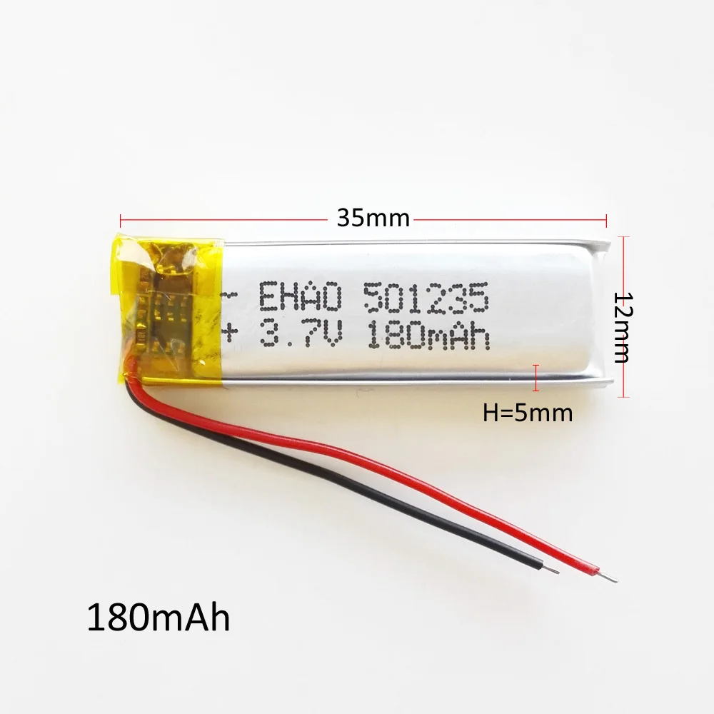 2 PCS 3.7V 180mAh 501235 Lithium Polymer Lipo Rechargeable Battery For MP3 Bluetooth Headset Video Pen Recorder 501235 5x12x35mm