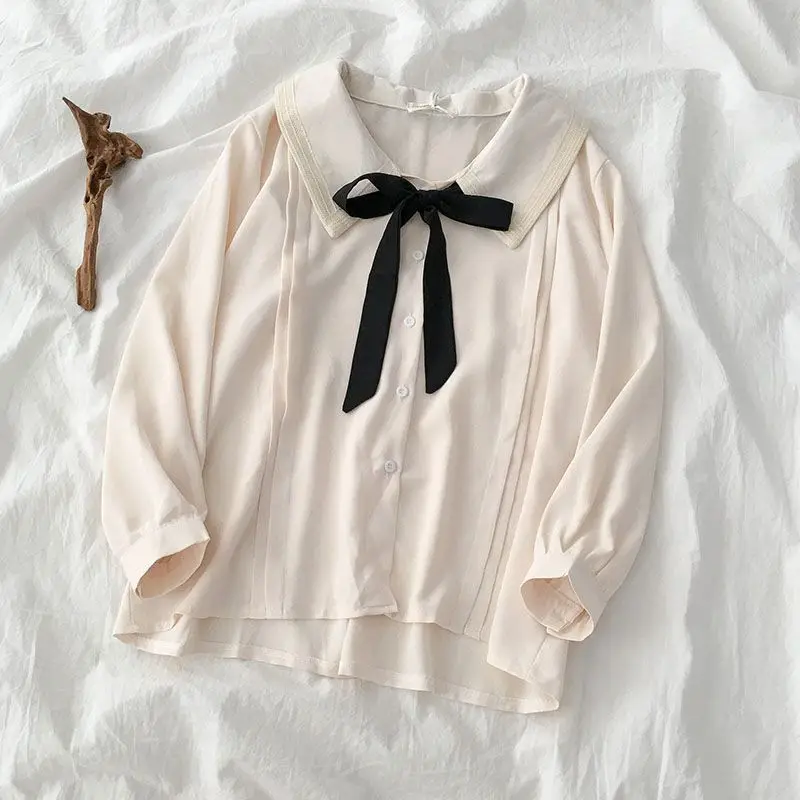 Large Size Niche Design Sense Single-breasted Women Shirt Autumn New Korean Lace-up Bow Blouse Female Solid Color Women Shirt