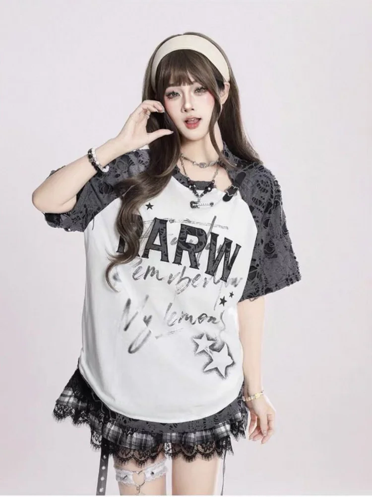 Y2K風ホールピュアコットンTシャツ レディース アメリカンストリートウェア ホットスイート サブカルチャー ティーシャツ パッチワーク ルーズ レター Oネック カットアウト トップス 新作