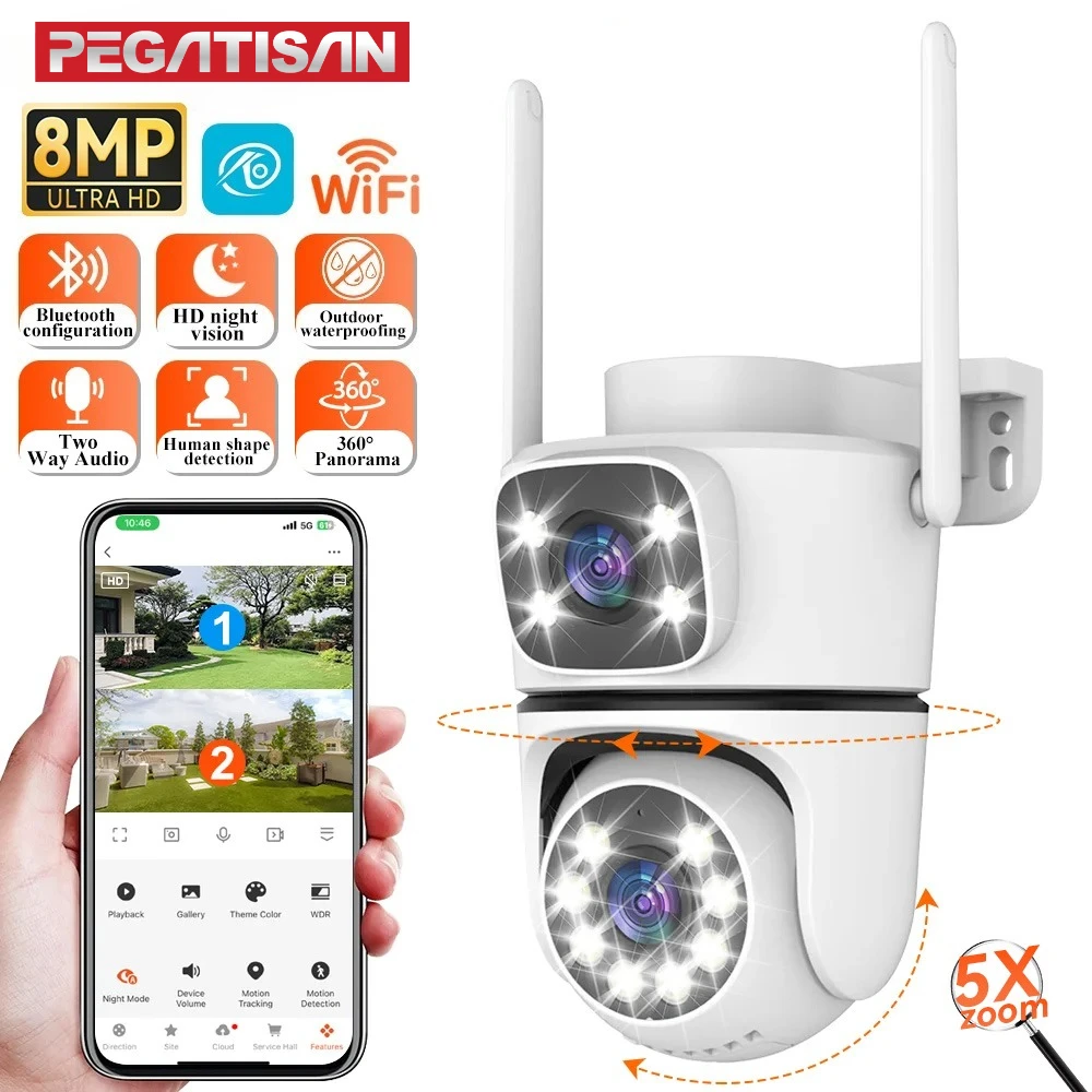 

PEGATISAN 4K Wifi PTZ Camera Dual Lens Dual Screen Security Camera Human Detection Outdoor Wireless Surveillance 5X Zoom Cam