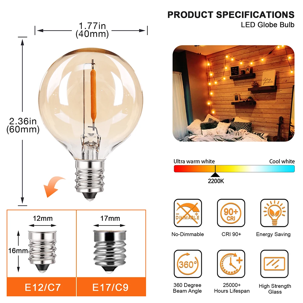 25pcs G40 Led Replacement Light Bulbs 220V 1W Amber Globe Ampoule Fits E12 or C7 Candelabra Screw Sockets for Patio String Light