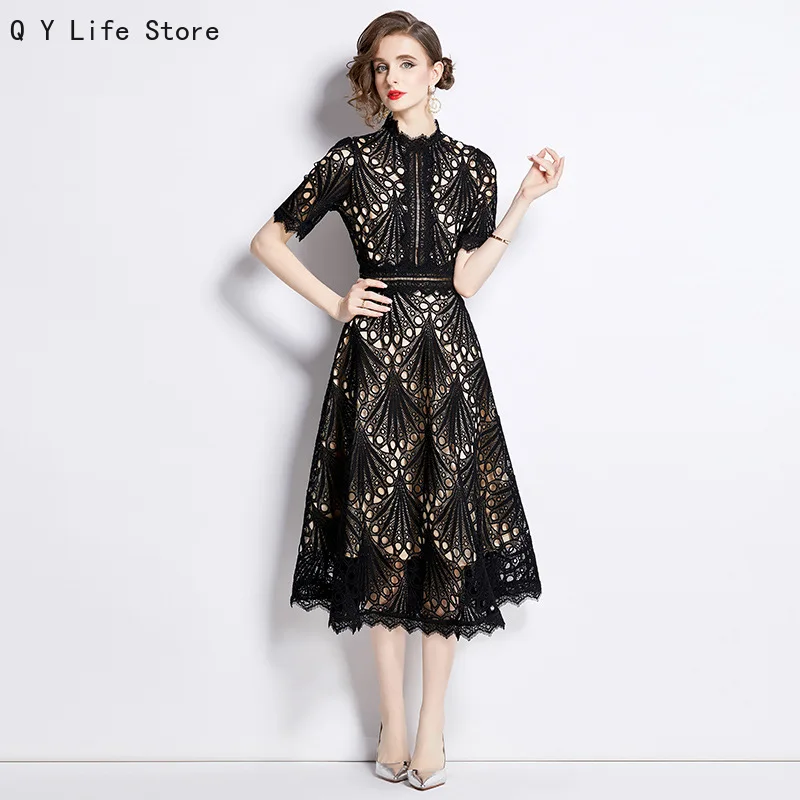 

Women's Summer New Waist Slimming Temperament Big Swing Dress Skirt French High-grade Lace Stitching Round Neck Dress