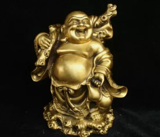 China Buddhism Bronze Brass Money bag Gourd Happy Laugh Maitreya Buddha Statue