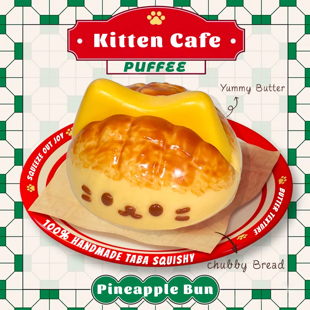 Kitten Cafe Squishy-Spielzeug aus lebensmittelechtem Silikon, handgefertigtes Taba-Squishy, cremiges, weiches, langsam zurückfederndes Quetschspielzeug, Ananasbrötchen – Detail 2
