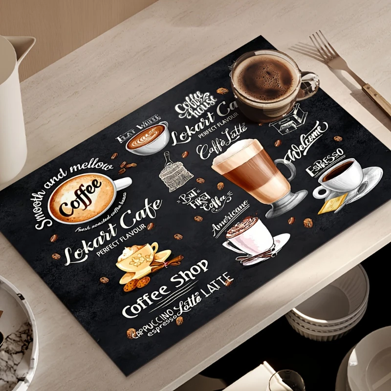 Dark Tone Coffee Cup Letter Creative Layout Kitchen Drying Mat,Coffee Station Kitchen Countertop,Non Slip,Water Absorbent,Gift