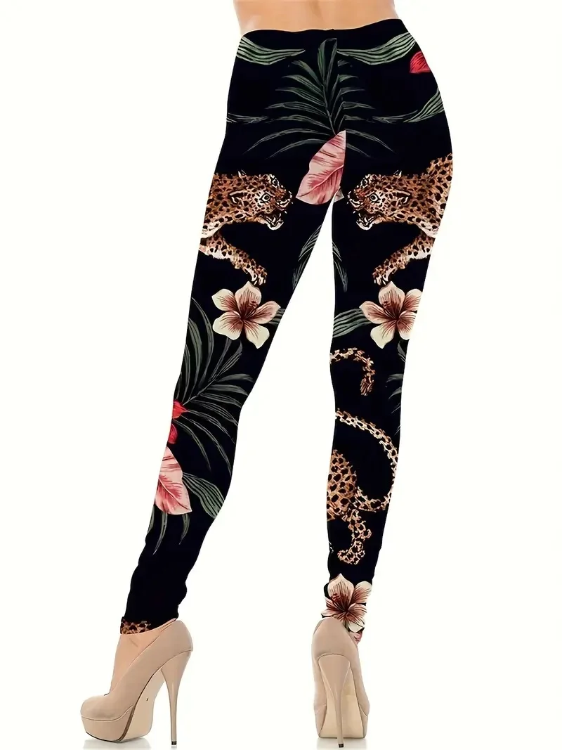 Leopard & floral print tight stretch elastic waist casual leggings for women