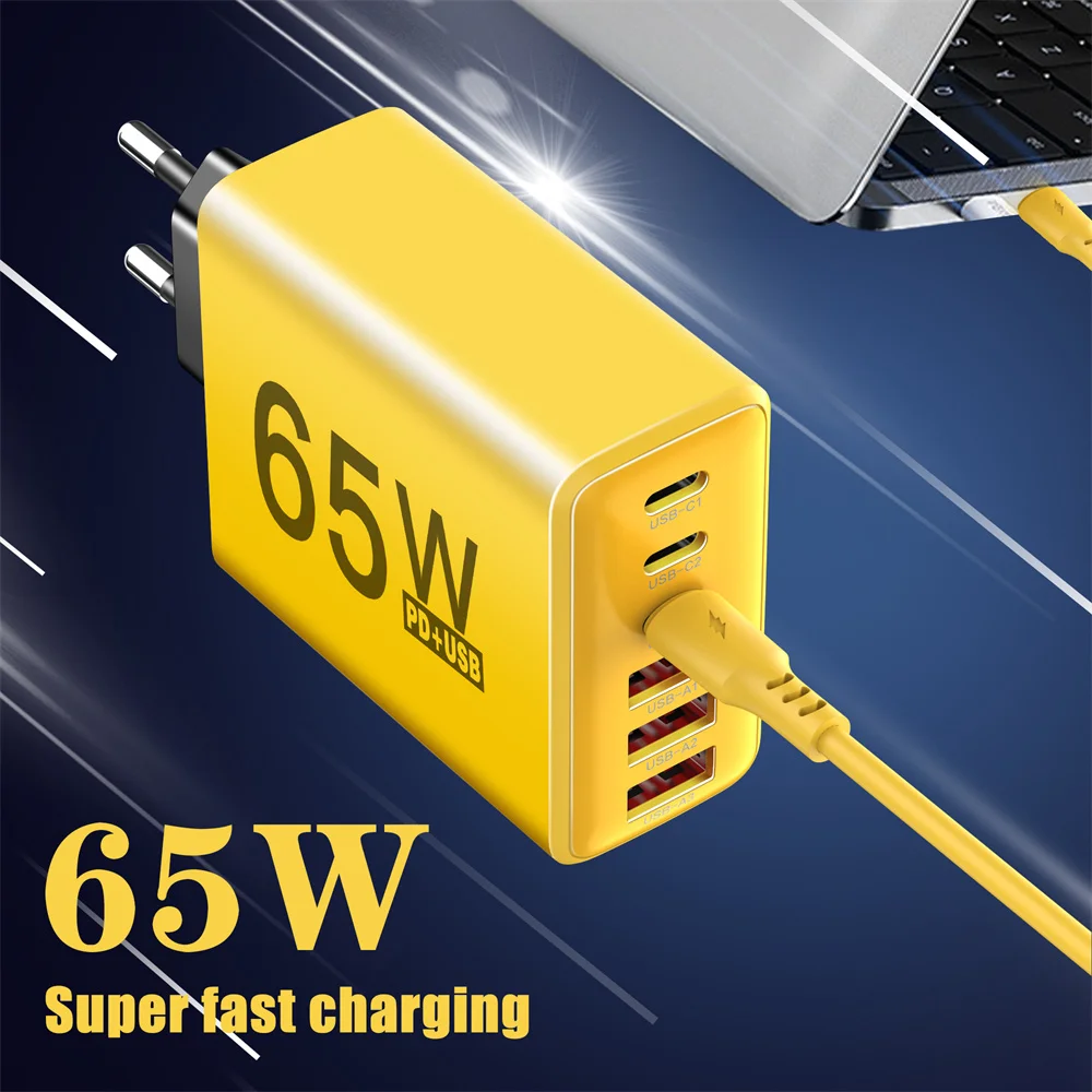 65 واط منافذ متعددة USB نوع C شاحن شحن سريع الهاتف الجدار محول آيفون سامسونج شاومي الاتحاد الأوروبي/الولايات المتحدة/المملكة المتحدة التوصيل شاحن شحن سريع