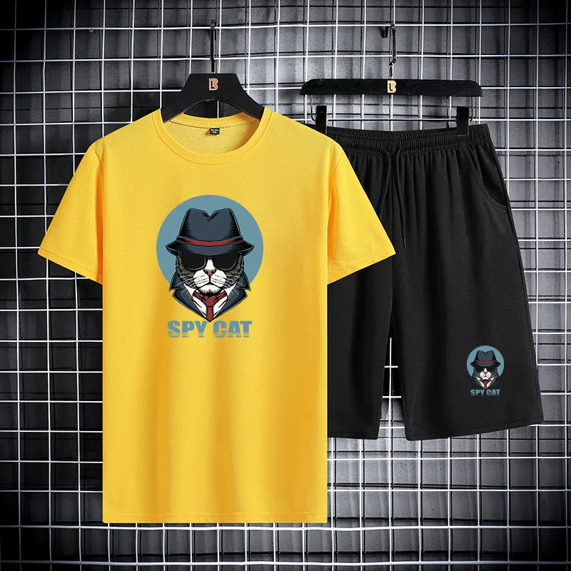 

Summer Short Sets Cat Printed Cotton Tshirt Gym Shorts 2 Piece Set Casual Fashion Men Set Jogger Sport Suits Gym Suits for Men
